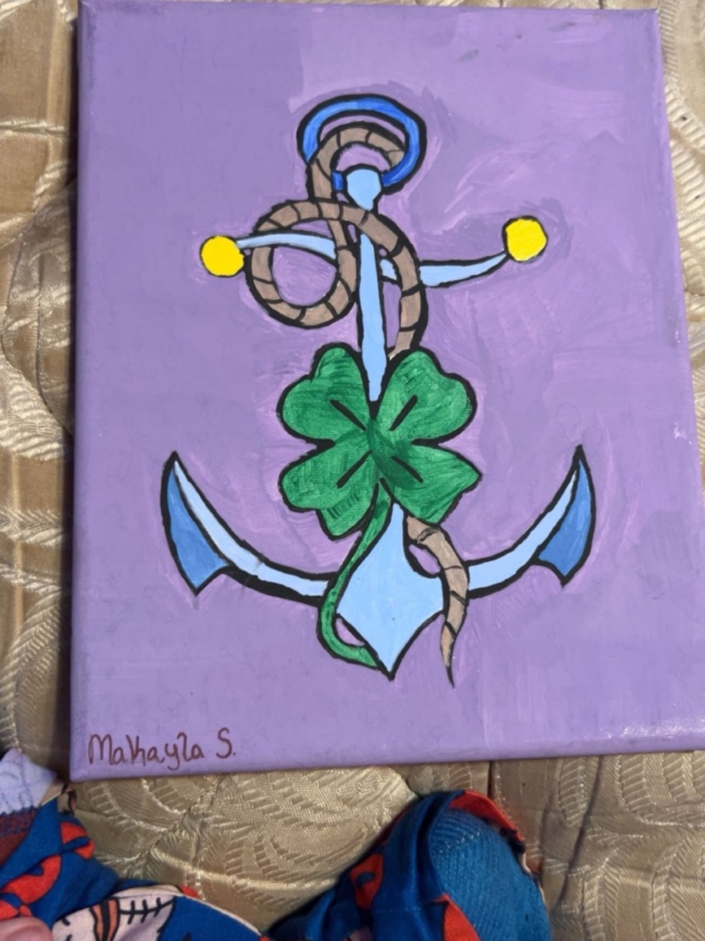 Hand-Painted Anchor and Four-Leaf Clover Canvas Wall Art - Purple & Green